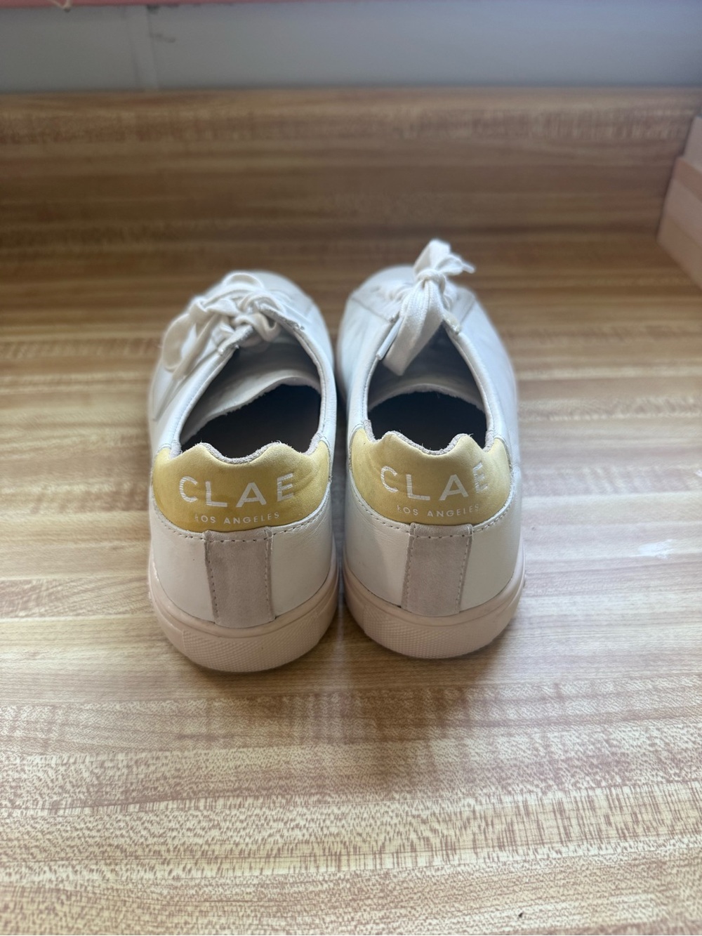 Clae Kids White Sneakers with Yellow Heel Tab